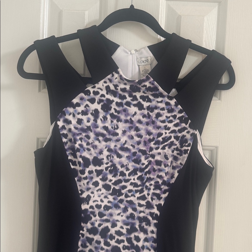 Caché Vintage Black Dress w/ Double Straps and Multicolor Animal Print Panels